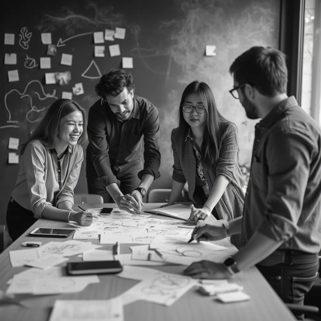 Équipe en brainstorming devant un tableau blanc